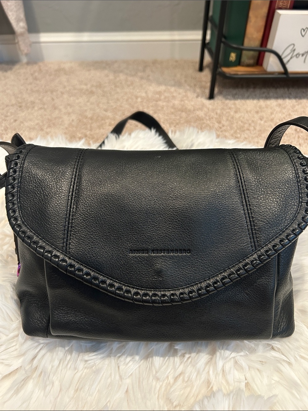 Aimee Kestenberg Black Leather Flap Crossbody with Braided Trim